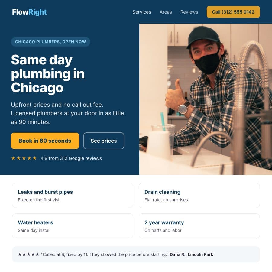 Sample landing page for a Chicago plumber, headline Same day plumbing in Chicago