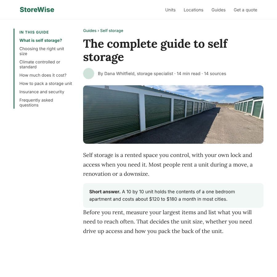 Sample long form guide, The complete guide to self storage, with a table of contents