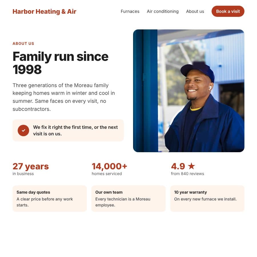 Sample about page for a heating company, headline Family run since 1998